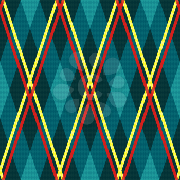 Rhombic seamless vector fabric pattern mainly in turquoise hues with contrast red and yellow lines