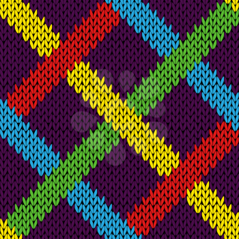 Seamless knitting geometrical vector pattern with various color lines over dark magenta background as a knitted fabric texture 