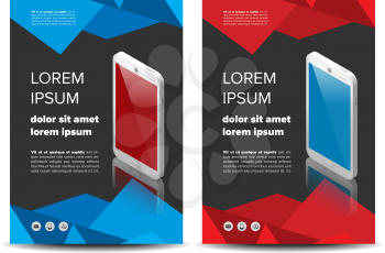 Leaflet with mobile phone on an abstract black background with colored triangles