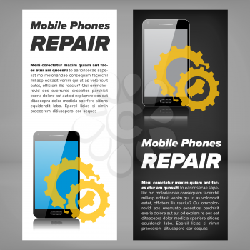 Smart phone device repair banner with gears and mobile phone