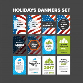 Holidays banners set on different colored backgrounds