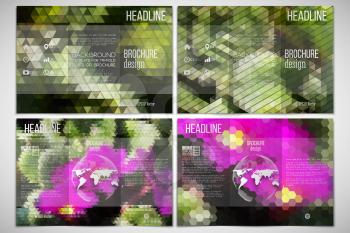 Vector set of tri-fold brochure design template on both sides. Pink flowers on the grass. Abstract multicolored backgrounds. Natural geometrical patterns. Triangular and hexagonal style.