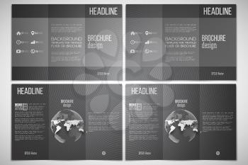 Vector set of tri-fold brochure design template on both sides with world globe element. Dark design, textured vector background.
