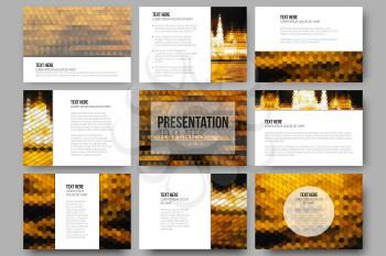 Set of 9 templates for presentation slides. Night lights in the city. Collection of abstract multicolored backgrounds. Natural geometrical patterns. Triangular and hexagonal style vector illustration.