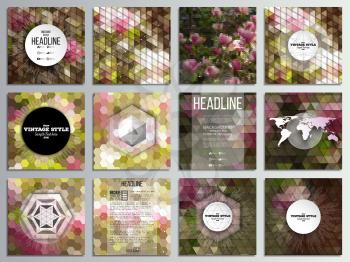 Set of 12 creative cards, square brochure template design. Purple flowers. Abstract multicolored backgrounds. Natural geometrical patterns. Triangular and hexagonal style.