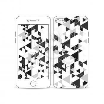 White mobile smartphone with an example of the screen and cover design isolated on white background. Triangular vector pattern. Abstract black triangles on white background.