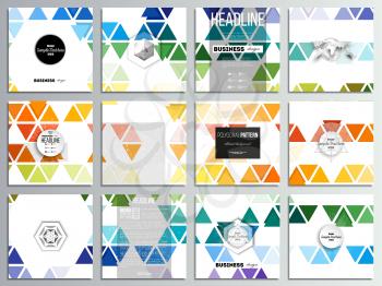 Set of 12 creative cards, square brochure template design. Abstract colorful business background, modern stylish hexagonal and triangle vector texture.