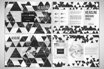 Vector set of tri-fold brochure design template on both sides with world globe element. Triangular vector pattern. Abstract black triangles on white background