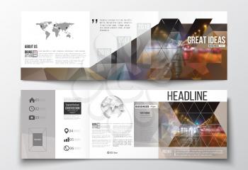 Vector set of tri-fold brochures, square design templates with element of world map and globe. Dark polygonal background, blurred image, night city landscape, car traffic, modern triangular texture.