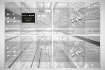 Vector set of tri-fold brochure design template on both sides with world globe element. Abstract lines background, simple abstract monochrome texture.