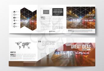 Vector set of tri-fold brochures, square design templates with element of world map. Dark polygonal background, blurred image, night city landscape, car traffic, modern triangular texture.
