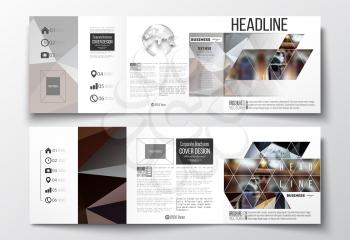 Vector set of tri-fold brochures, square design templates with element of world globe. Colorful polygonal background, blurred image, night city landscape, modern triangular vector texture.