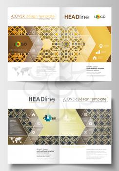 Business templates for brochure, magazine, flyer, booklet or annual report. Cover design template, easy editable blank, abstract flat layout in A4 size. Islamic gold pattern, overlapping geometric sha