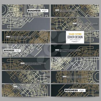 Set of modern vector banners. Golden technology pattern on dark background with connecting lines and dots, connection structure. Digital scientific vector