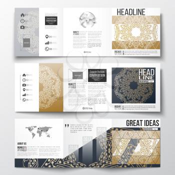 Set of tri-fold brochures, square design templates with element of world map and globe. Golden microchip pattern, connecting dots and lines, connection structure. Digital scientific background