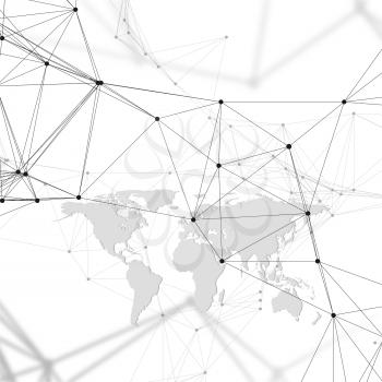 Abstract futuristic background with connecting lines and dots, polygonal linear texture. World map on white. Global network connections, geometric design, technology digital concept