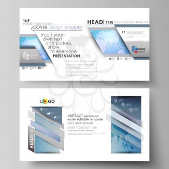 The minimalistic abstract vector illustration of the editable layout of high definition presentation slides design business templates. World map on blue, geometric technology design, polygonal texture