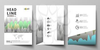 The vector illustration of the editable layout of three A4 format modern covers design templates for brochure, magazine, flyer, booklet. Rows of colored diagram with peaks of different height