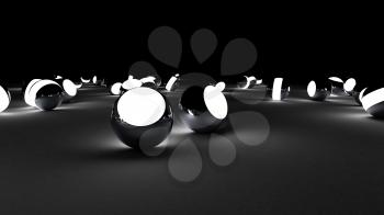 Neon balls on a black background. Abstract chaotic glowing spheres. Futuristic background. Hi-res illustration for your brochure, flyer, banner designs and other projects. 3d render illustration.