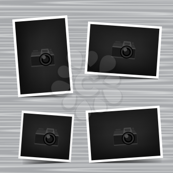 Paper horizontal, vertical and square photo set on gray wooden background. Empty exhibition collection of template to insert your photography. Picture collection. Camera symbol for default show