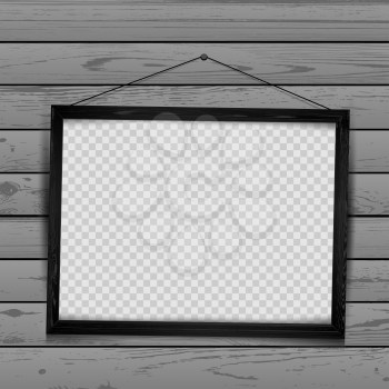 Wooden rectangular art frame with shadow on transparent gray wood wall background. Modern border shape photo interior furniture framework. Portfolio template