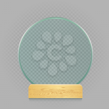 Transparent round glass banner template with wooden holder and shadow on gray background. Glossy frame board