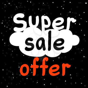 Super sale discount offer text on black hight snowy background. Winter shopping promotion sign and snow falling