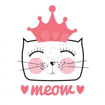 Cute Hand Drawn Cat Vector Illustration. Little Princess with Crown Concept EPS10
