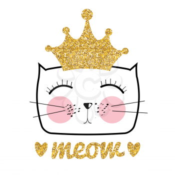 Cute Hand Drawn Cat Vector Illustration. Little Princess with Crown Concept EPS10