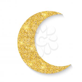 Gold glitter moon icon of Crescent Islamic isolated on white background. Vector Illustration EPS10