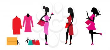 Big sale concept with three silhouettes Beautiful girls after shopping in boutiques.Vector Illustration. EPS10