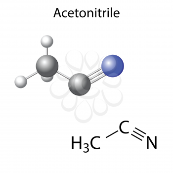 Structural chemical formula and model of acetonitrile molecule, 2d and 3d illustration, isolated, vector, eps 8