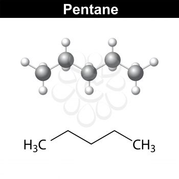 Pentane solvent - chemical formula and model, balls and sticks, 2d and 3d vector, eps 8