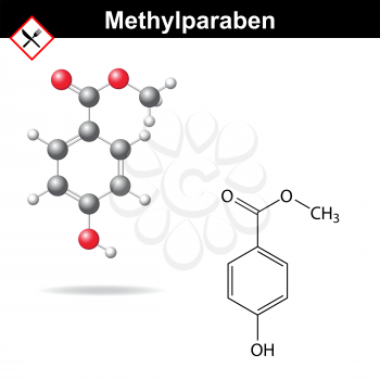 Methylparaben - food and cosmetic preservative of paraben family, chemical formula and model, 2d & 3d vector, isolated on white background, eps 8