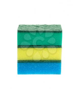 Three colored sponges for dishwashing isolated on white background, studio shot