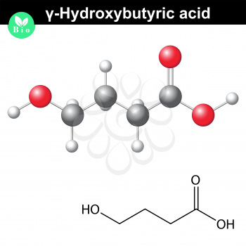 4-Hydroxybutanoic acid - neurotransmitter and psychoactive drug, chemical formula and molecular structure, 2d and 3d illustration, vector, isolated on white background, eps 8