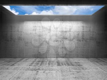 Abstract concrete 3d interior with cloudy sky in light portal