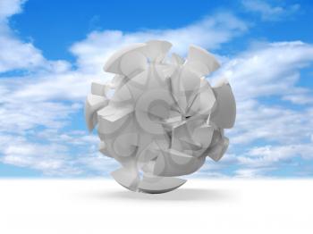 Abstract 3d spherical object, cloud of white fragments on blue sky background