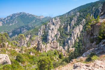 Corsica island, landscape with sharp rocky mountains