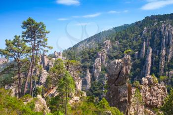 Natural landscape of Corsica island, tall sharp mountains and pine trees