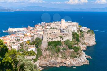 Old Aragonese-Angevine Castle stands on rocky cliff in old town of Gaeta, Italy