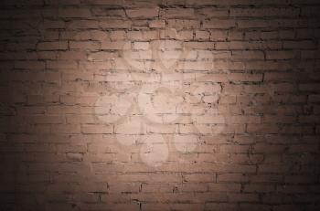 Old red brick wall, frontal flat background photo texture with vignette shadow effect