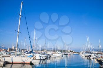 Yachts moored in marina of Ajaccio, the capital city of Corsica, French island in the Mediterranean Sea