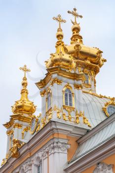 St. Petersburg, Russia - November 9, 2014: Church of Saints Peter and Paul in Peterhof, St. Petersburg, Russia. Vertical photo fragment. It was build in 1747-1751 by Rastrelli architect