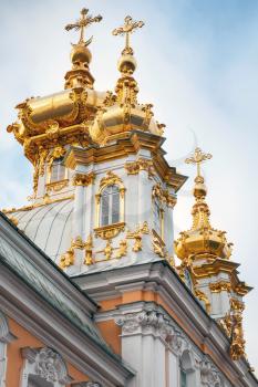 St. Petersburg, Russia - November 9, 2014: Golden domes. Church of Saints Peter and Paul in Peterhof, St. Petersburg, Russia. It was build in 1747-1751 by Rastrelli architect