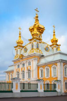 St. Petersburg, Russia - November 9, 2014: Church of Saints Peter and Paul in Peterhof, St. Petersburg, Russia. Vertical photo. It was build in 1747-1751 by Rastrelli architect