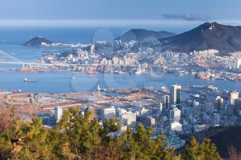 Busan city, South Korea. Aerial view with coastal buildings and ships