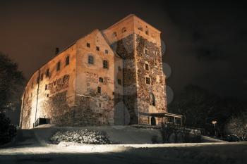 Turku Castle at night, it is a medieval building in the city of Turku in Finland. It was founded in the late 13th century and stands on the banks of the Aura River