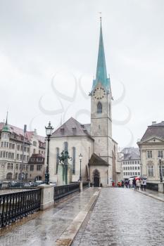 Cityscape of old Zurich, Switzerland. Fraumunster Church in rainy day
