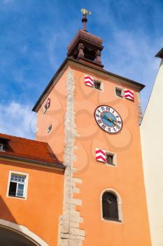 Germany. Old Clock Tower, Entrance to Regensburg city from Stone Bridge